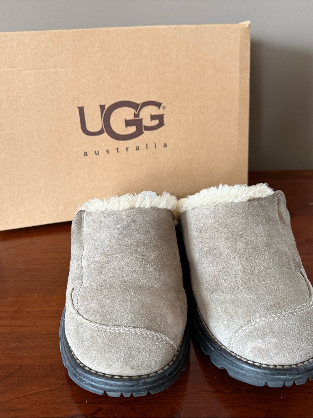 UGG Taupe Suede Shearling Clog Mules - Size 7